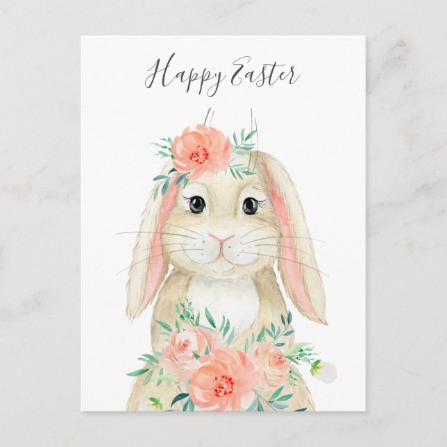 Pretty Watercolor Floral Easter Bunny Holiday Postcard (Front)