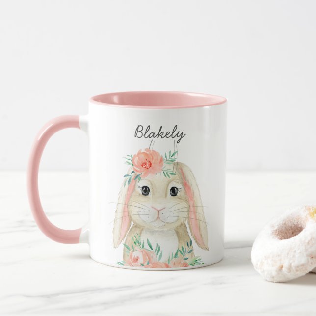 Pretty Watercolor Floral Easter Bunny Name Mug (With Donut)