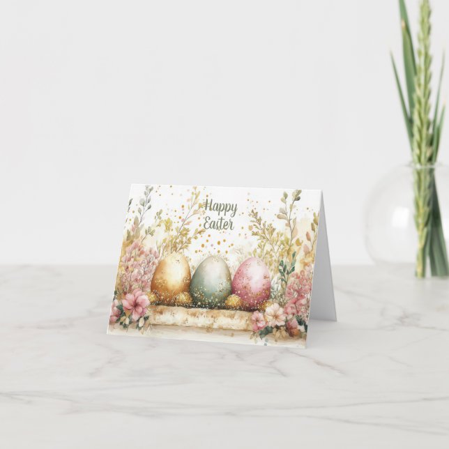 Pretty Watercolor Floral Easter Egg Holiday Card (Front)