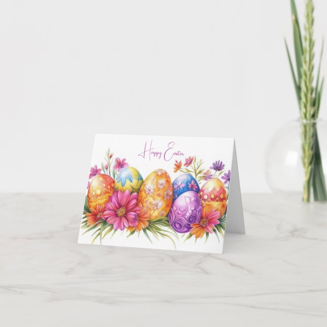 Pretty Watercolor Floral Easter Eggs Holiday Card (Front)