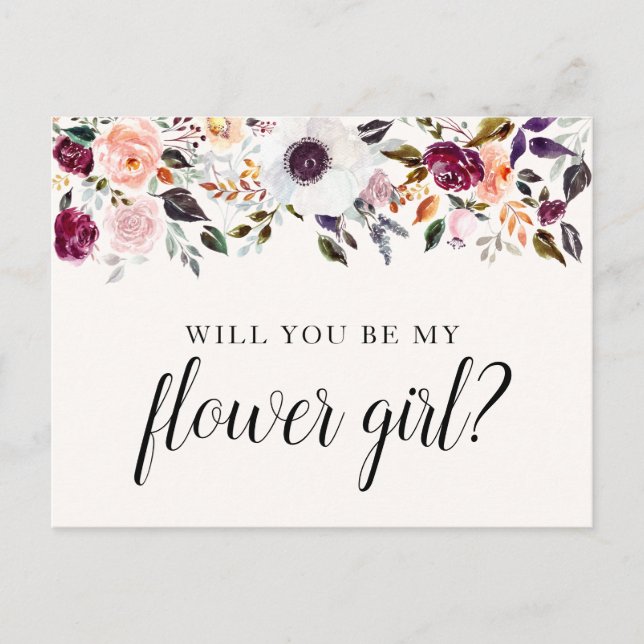 Pretty Watercolor Floral Flower Girl Proposal Card (Front)