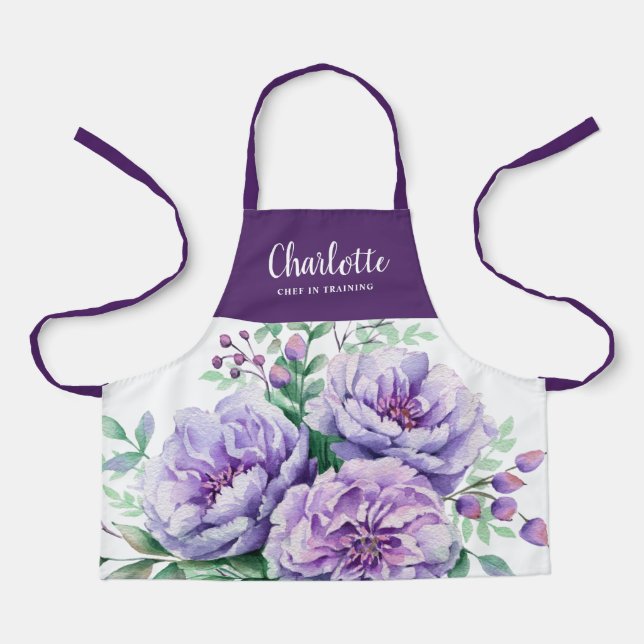 Pretty Watercolor Floral Girls Chef Training Lilac Apron (Front)