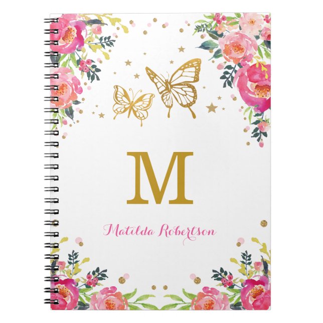 Pretty Watercolor Floral Gold Butterfly Monogram Notebook (Front)