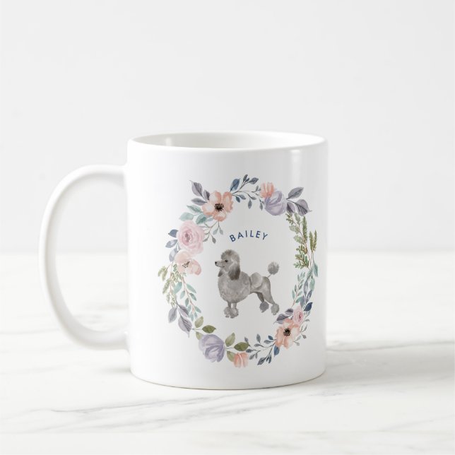 Pretty Watercolor Floral | Grey Poodle Dog Coffee Mug (Left)