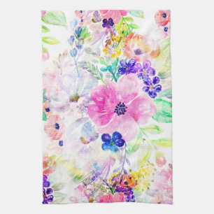 Pretty watercolor floral hand paint design tea towel