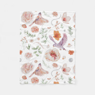 Pretty Watercolor Floral Hummingbird Pattern Fleece Blanket