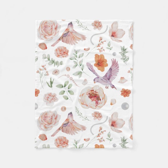 Pretty Watercolor Floral Hummingbird Pattern Fleece Blanket (Front)