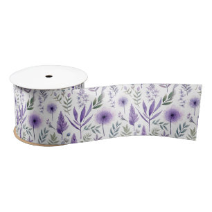 Pretty Watercolor Floral Lavender Purple Botanical Satin Ribbon