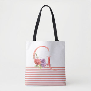 Pretty Watercolor Floral Letter "G" Pink Stripe Tote Bag