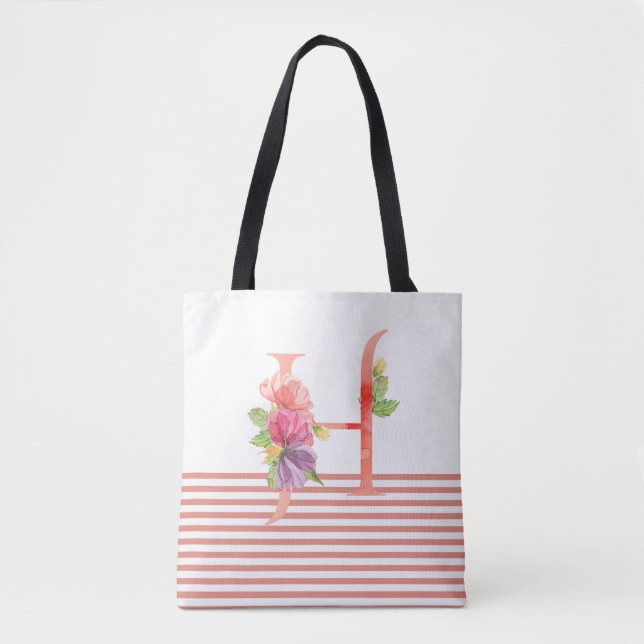 Pretty Watercolor Floral Letter "H" Pink Stripe Tote Bag (Front)