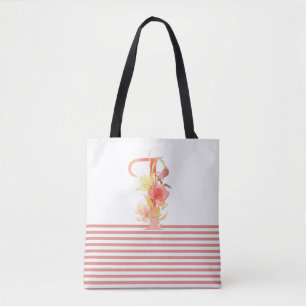 Pretty Watercolor Floral Letter "I" Pink Stripe Tote Bag