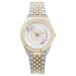 Pretty Watercolor Floral Modern Geometric Monogram Watch