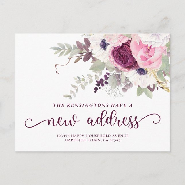 Pretty Watercolor Floral New Address Moving Announcement Postcard (Front)