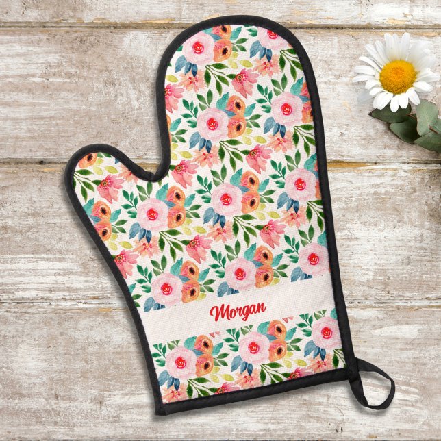 Pretty Watercolor Floral Pattern, Custom Text Name Oven Mitt (Creator Uploaded)