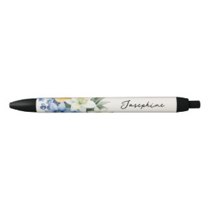 Pretty Watercolor Floral Personalised Name Black Ink Pen