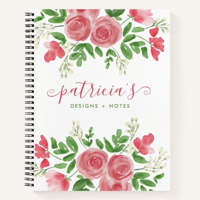 Pretty Watercolor Floral Pink Roses Script Name Notebook (Front)