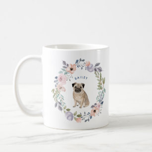 Pretty Watercolor Floral   Pug Dog Coffee Mug