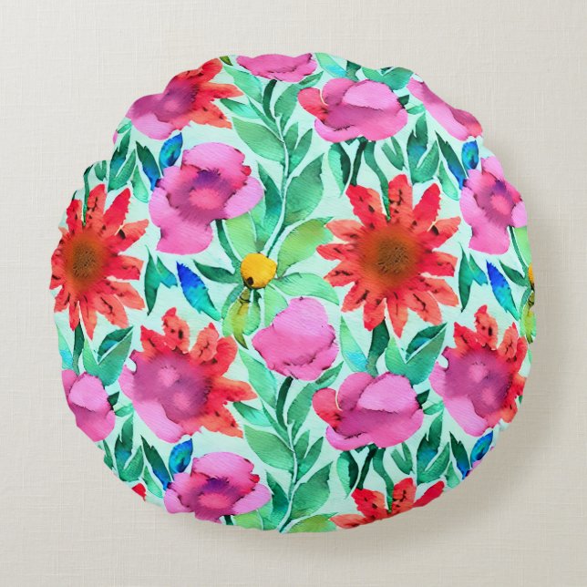 Pretty Watercolor Floral  Round Cushion (Front)