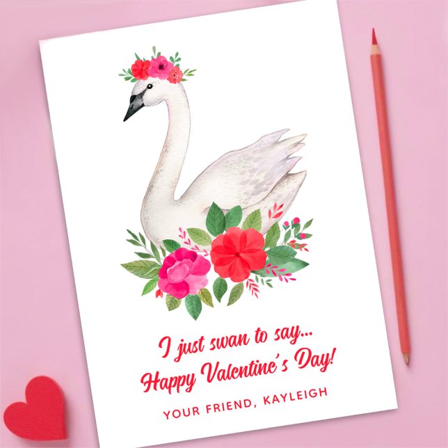 Pretty Watercolor Floral Swan Classroom Valentine Holiday Card (Creator Uploaded)