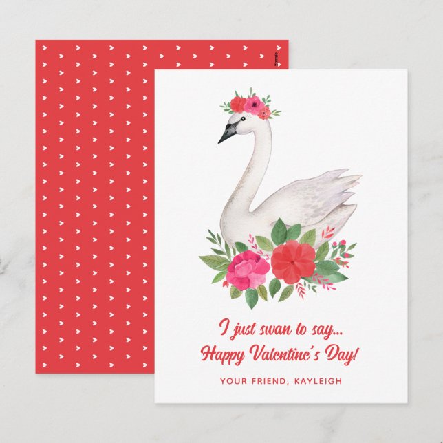 Pretty Watercolor Floral Swan Classroom Valentine Holiday Postcard (Front/Back)