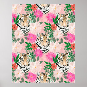 Pretty Watercolor Floral &Tiger Animal Pink Design Poster