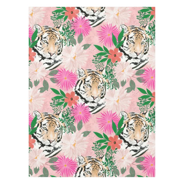 Pretty Watercolor Floral &Tiger Animal Pink Design Tablecloth (Front)