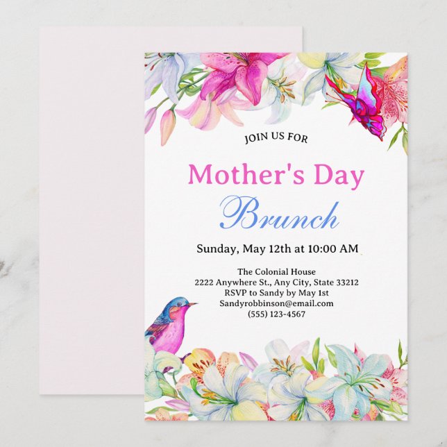 Pretty Watercolor Floral White Mother's Day Brunch Invitation (Front/Back)