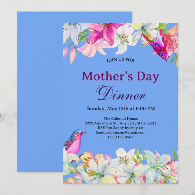 Pretty Watercolor Floral White Mother's Day Dinner Invitation (Front/Back)