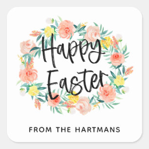 Pretty Watercolor Floral Wreath Happy Easter Square Sticker