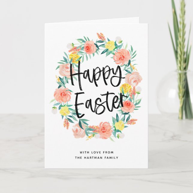 Pretty Watercolor Floral Wreath Modern Easter Holiday Card (Front)