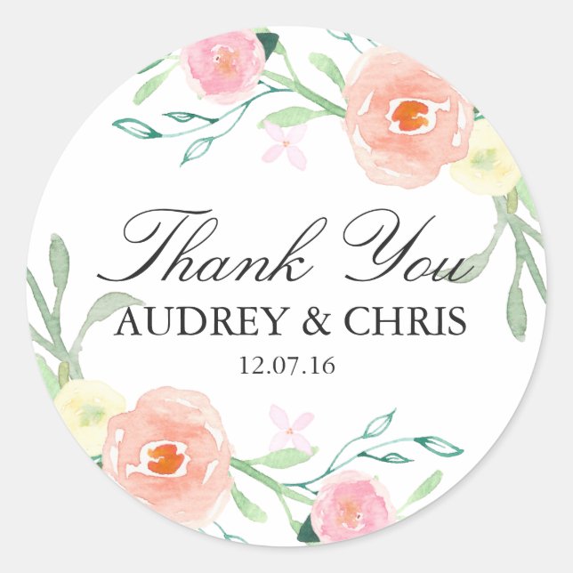 Pretty Watercolor Flower Thank You Wedding Sticker (Front)