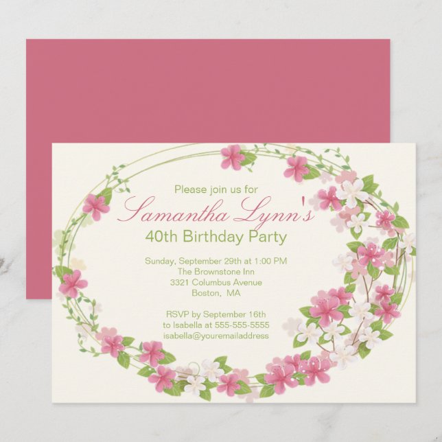 Pretty Watercolor Flower Wreath Birthday Party Invitation (Front/Back)