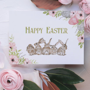 Pretty Watercolor Flowers and Bunny Easter Holiday Postcard