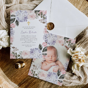 Pretty Watercolor Flowers and Photo   Baptism Invitation