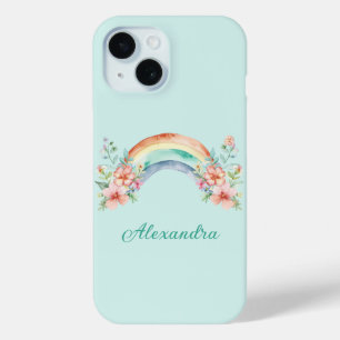 Pretty Watercolor Flowers and Rainbow iPhone 15 Case