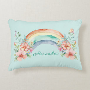 Pretty Watercolor Flowers and Rainbow Decorative Cushion