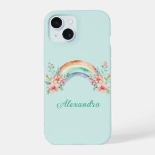 Pretty Watercolor Flowers and Rainbow iPhone 15 Case