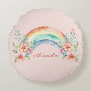 Pretty Watercolor Flowers and Rainbow Round Cushion