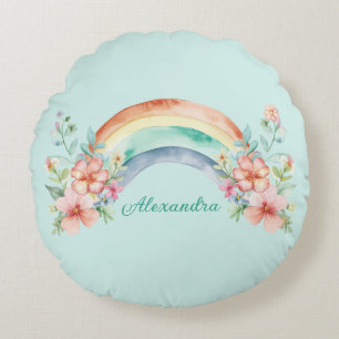 Pretty Watercolor Flowers and Rainbow Round Cushion