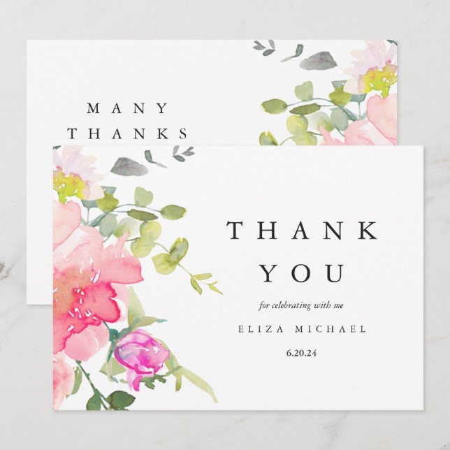 Pretty Watercolor Flowers Baby Shower Thank You (Front/Back)