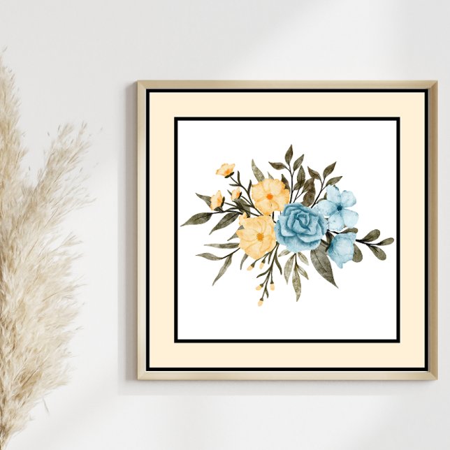 Pretty Watercolor Flowers Black Line Yellow Border Poster (Creator Uploaded)