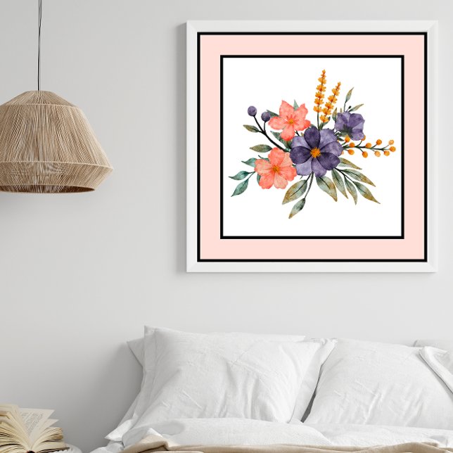 Pretty Watercolor Flowers Black Lines Peach Border Poster (Creator Uploaded)