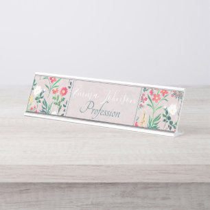 Pretty Watercolor Flowers Botanical Desk Name Plate