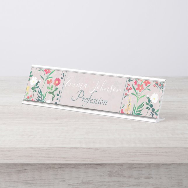 Pretty Watercolor Flowers Botanical Desk Name Plate (Front)