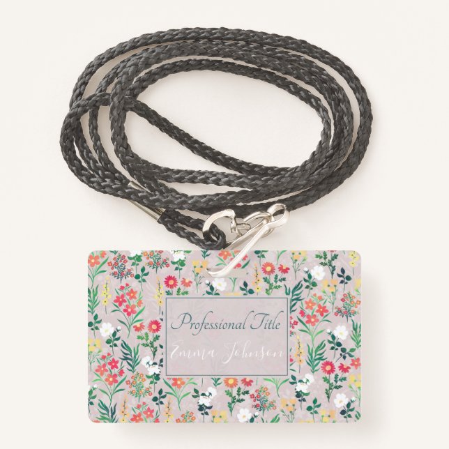 Pretty Watercolor Flowers Botanical ID Badge (Front with Lanyard)