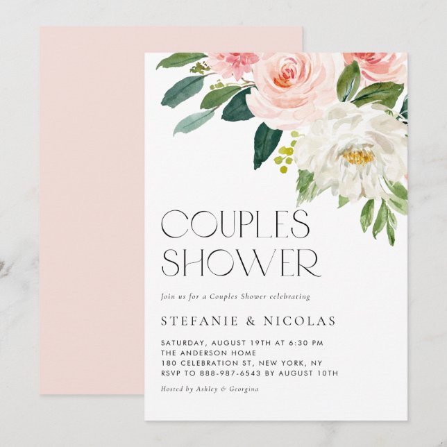 Pretty Watercolor Flowers Garden Couples Shower Invitation (Front/Back)