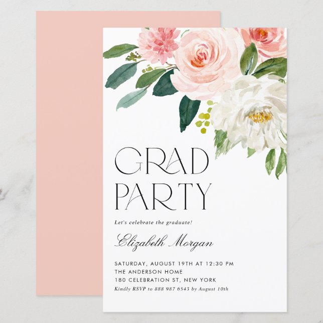 Pretty Watercolor Flowers Graduation Invitation (Front/Back)