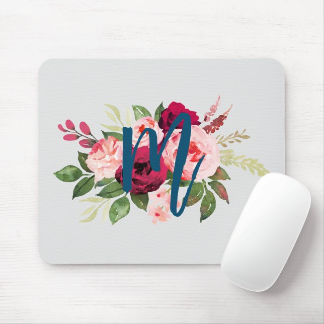 Pretty watercolor flowers Initial Pink and blue Mouse Mat (With Mouse)