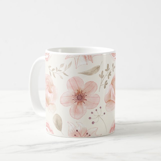 Pretty Watercolor Flowers Pink Pattern Garden Coffee Mug (Front Left)