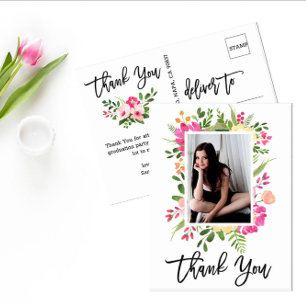 Pretty Watercolor Flowers Script Photo Thank You Postcard